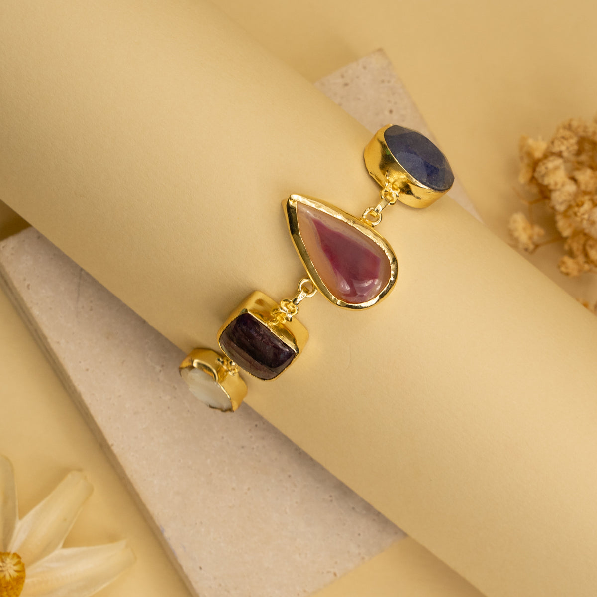 MINIKA HAND HAMMERED AND HANDMADE GOLD TONED CLASSIC RAW STONE BRACELETS BR201