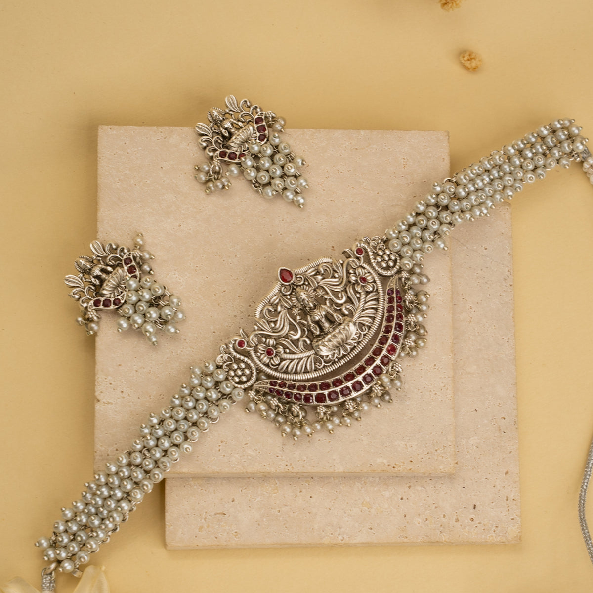 AZARI BIJOUX PREMIUM OXIDIZED TEMPLE SEMI HANDMADE CHOKER WITH EARRINGS CH462