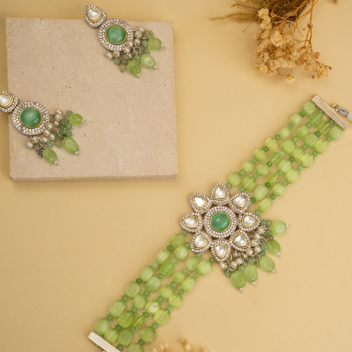 IRIS BIJOUX PREMIUM AND EXCLUSIVE POLKI AND MONALISA BEADS HANDMADE CHOKER WITH EARRINGS CH214