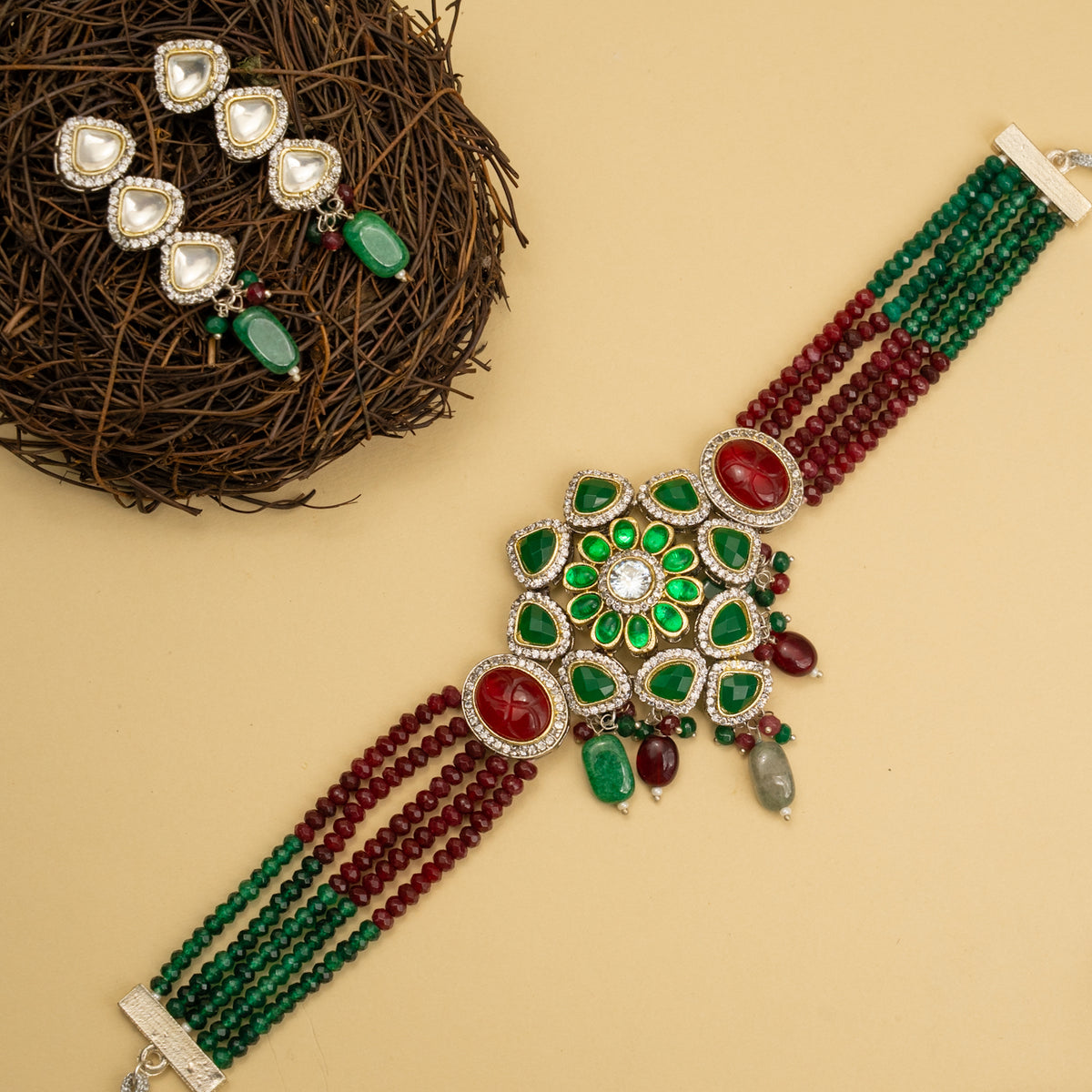 MILA BIJOUX POLKI AND ONEX BEADS HANDMADE CHOKER WITH EARRINGS CH107