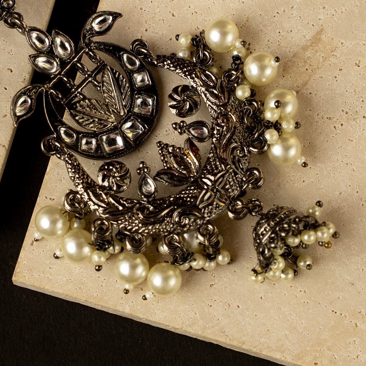 LARA BEADED OXIDIZED DANGLER SILVER EARRING WITH EAR CHAIN ER425