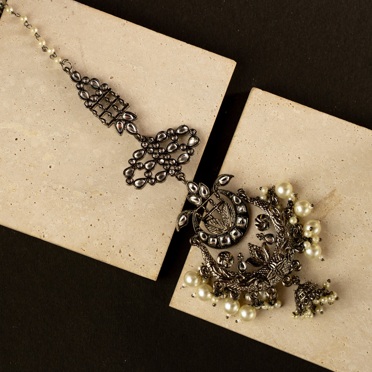 LARA BEADED OXIDIZED DANGLER SILVER EARRING WITH EAR CHAIN ER425