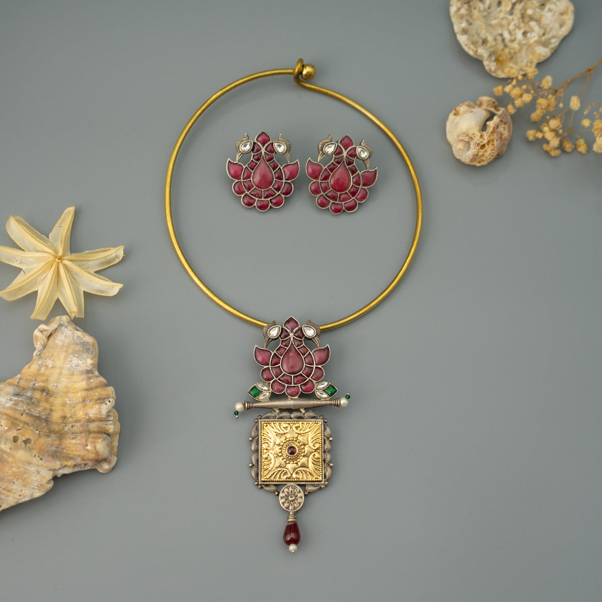 MUNA BIJOUX PREMIUM DUAL TONED HANDMADE NECKLACE/HASLI WITH EARRINGS CH502