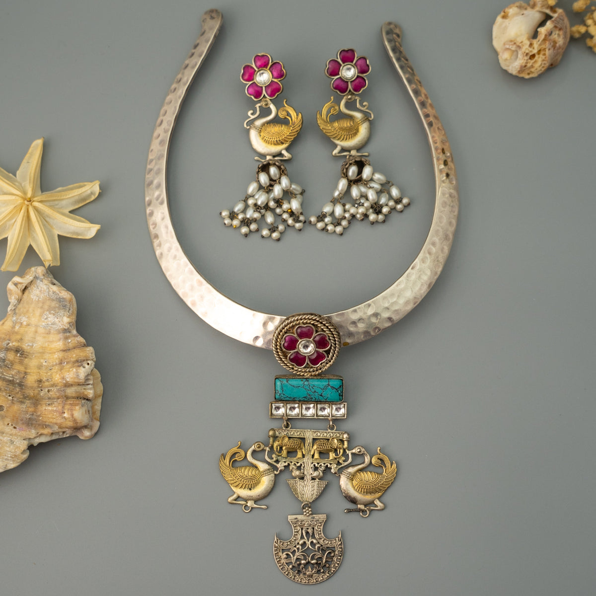 MELAT BIJOUX PREMIUM DUAL TONED HANDMADE NECKLACE/HASLI WITH EARRINGS CH503