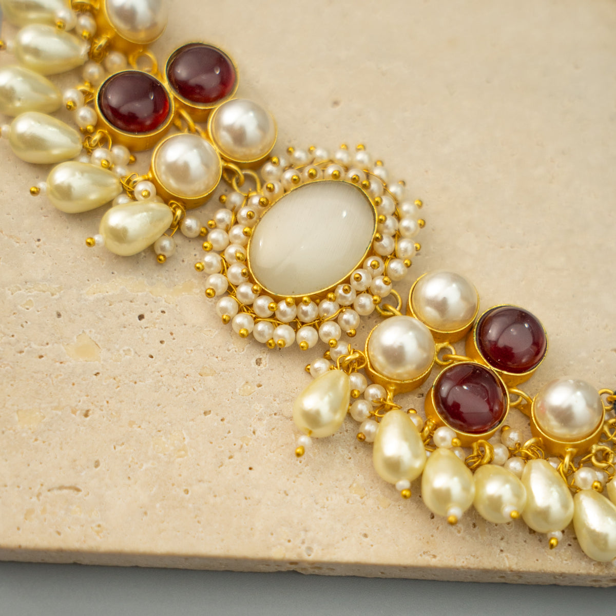 ZOEY HANDMADE MONALISA STONE AND PEARL CHOKER WITH EARRINGS CH501