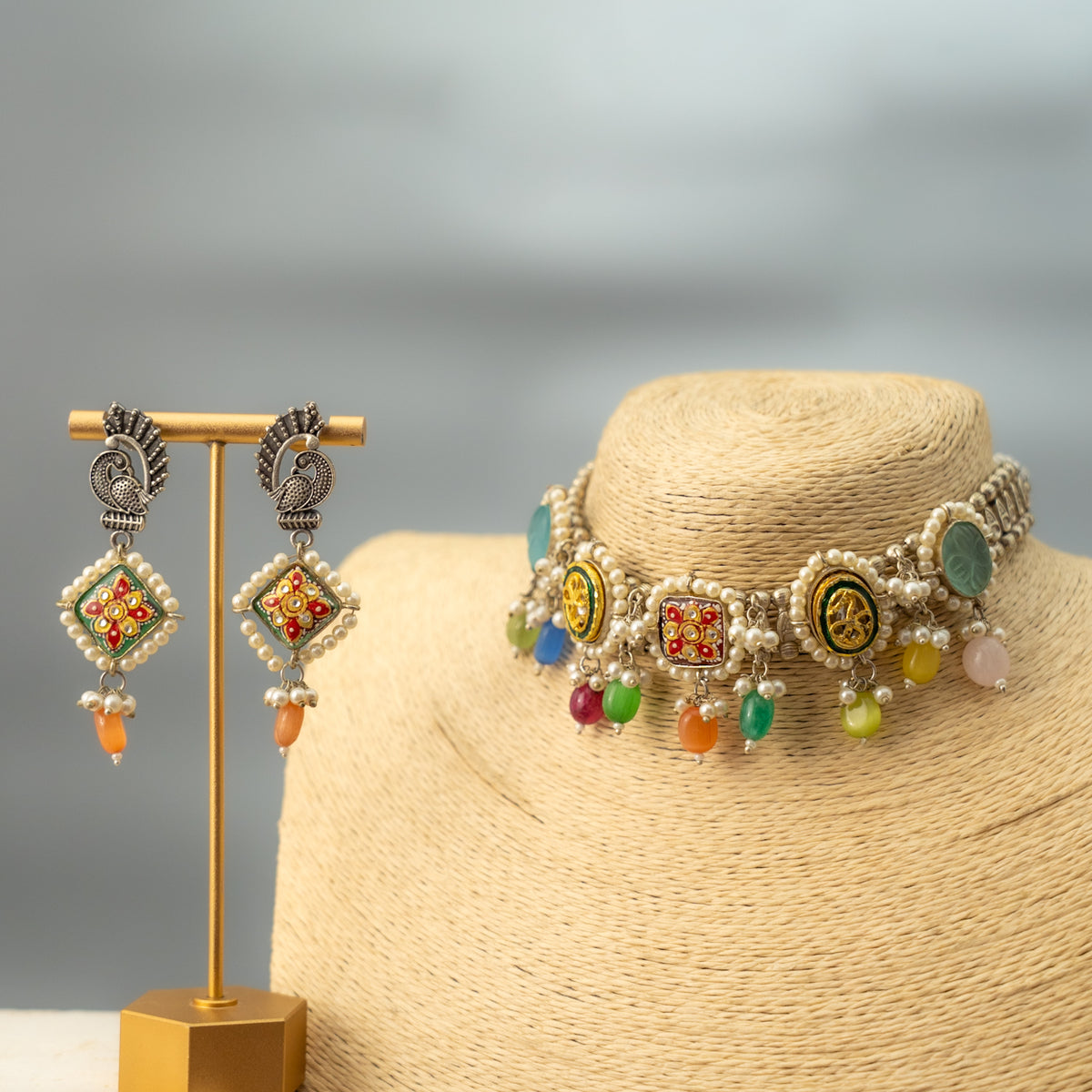 FANG BIJOUX PREMIUM AND EXCLUSIVE FAUX SILVER SEMI HANDMADE CHOKER WITH EARRINGS CH409