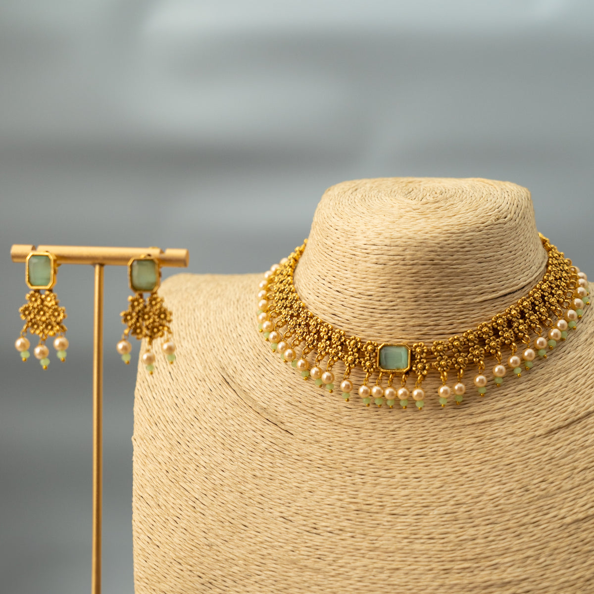 TIRA GOLD TONED NECKPIECE/CHOKER WITH EARRINGS CH324