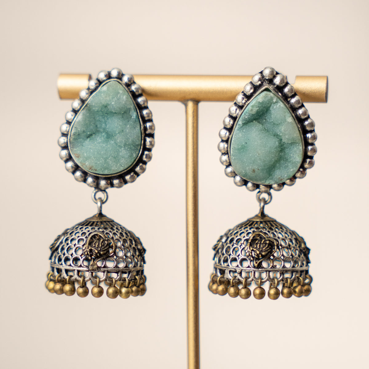 NISHASHA SEMI HANDMADE OXIDIZED AND NATURAL AGATE STONE JHUMKAS/EARRINGS ER473