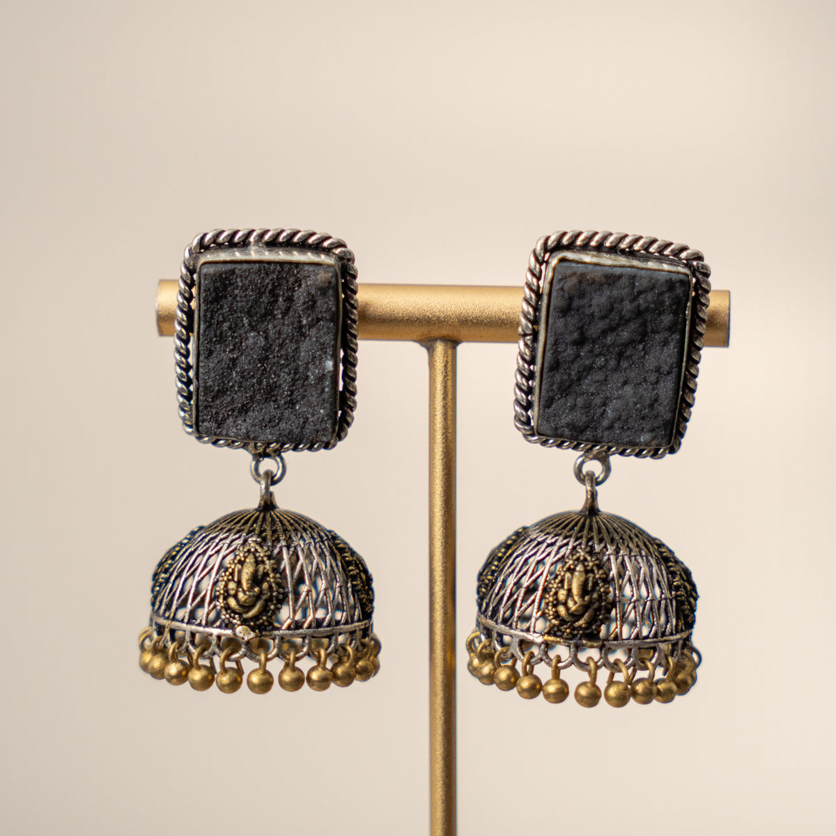 JESINA SEMI HANDMADE OXIDIZED AND NATURAL STONE JHUMKAS/EARRINGS ER470