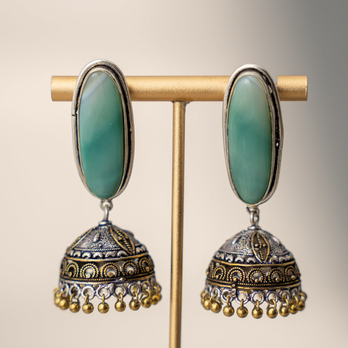 ANNVI SEMI HANDMADE OXIDIZED AND NATURAL STONE JHUMKAS/EARRINGS ER472