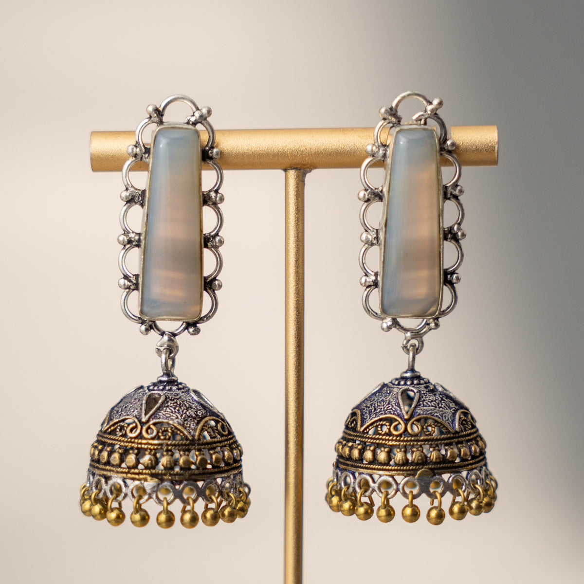 ANNVI SEMI HANDMADE OXIDIZED AND NATURAL STONE JHUMKAS/EARRINGS ER472