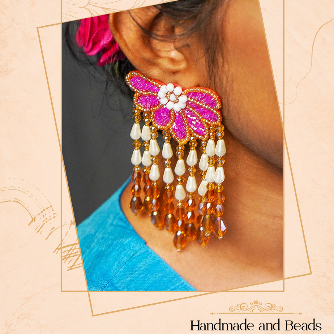 FLORAL FALLS TASSEL FABRIC AND BEADS HANDMADE EARRING ER484