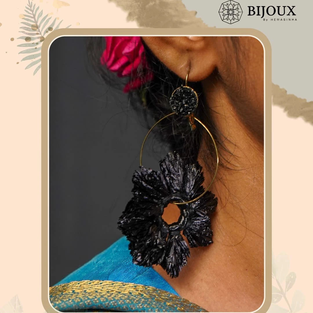 STRAW LOOPY FLORAL FABRIC AND BEADS HANDMADE EARRING ER510