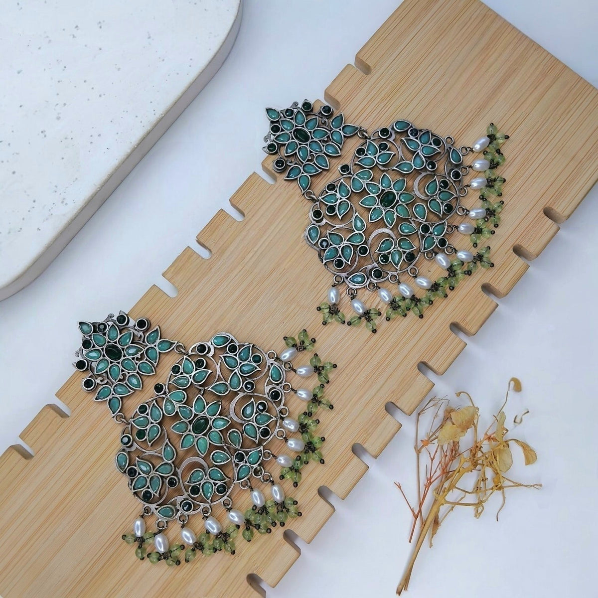 BHAVYA FAUX SILVER SEMI HANDMADE DANGLERS EARRINGS ER655