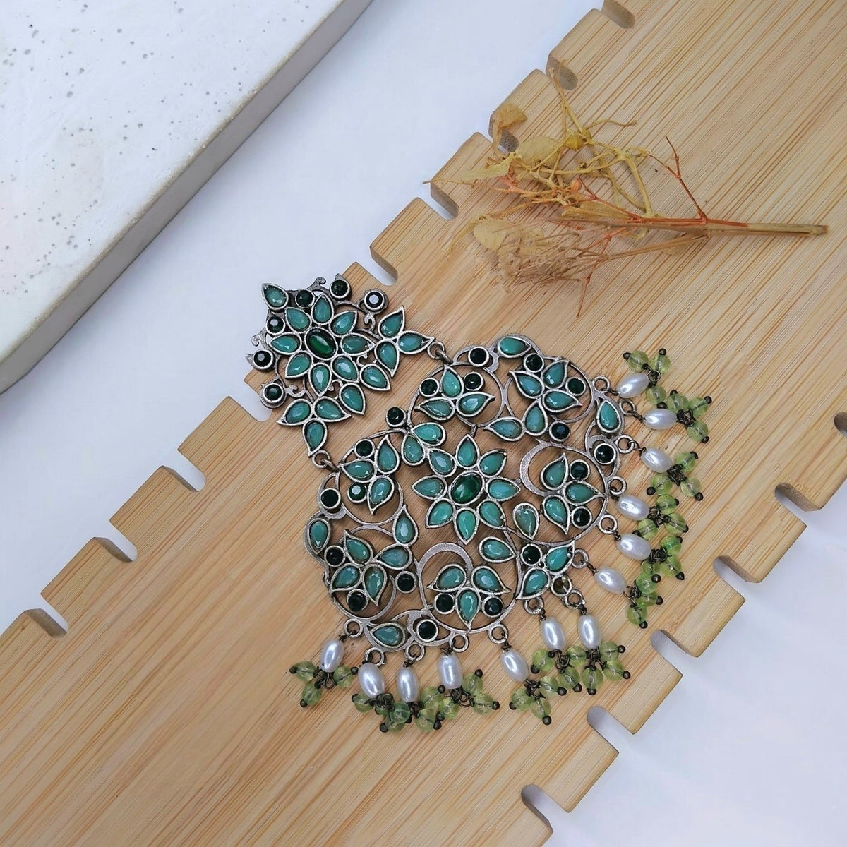 BHAVYA FAUX SILVER SEMI HANDMADE DANGLERS EARRINGS ER655