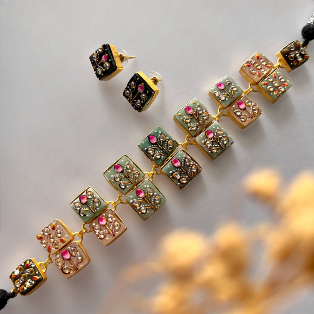 NIRAYA RAW STONE HAND PAINTED HANDMADE NECKPIECE WITH EARRINGS CH419