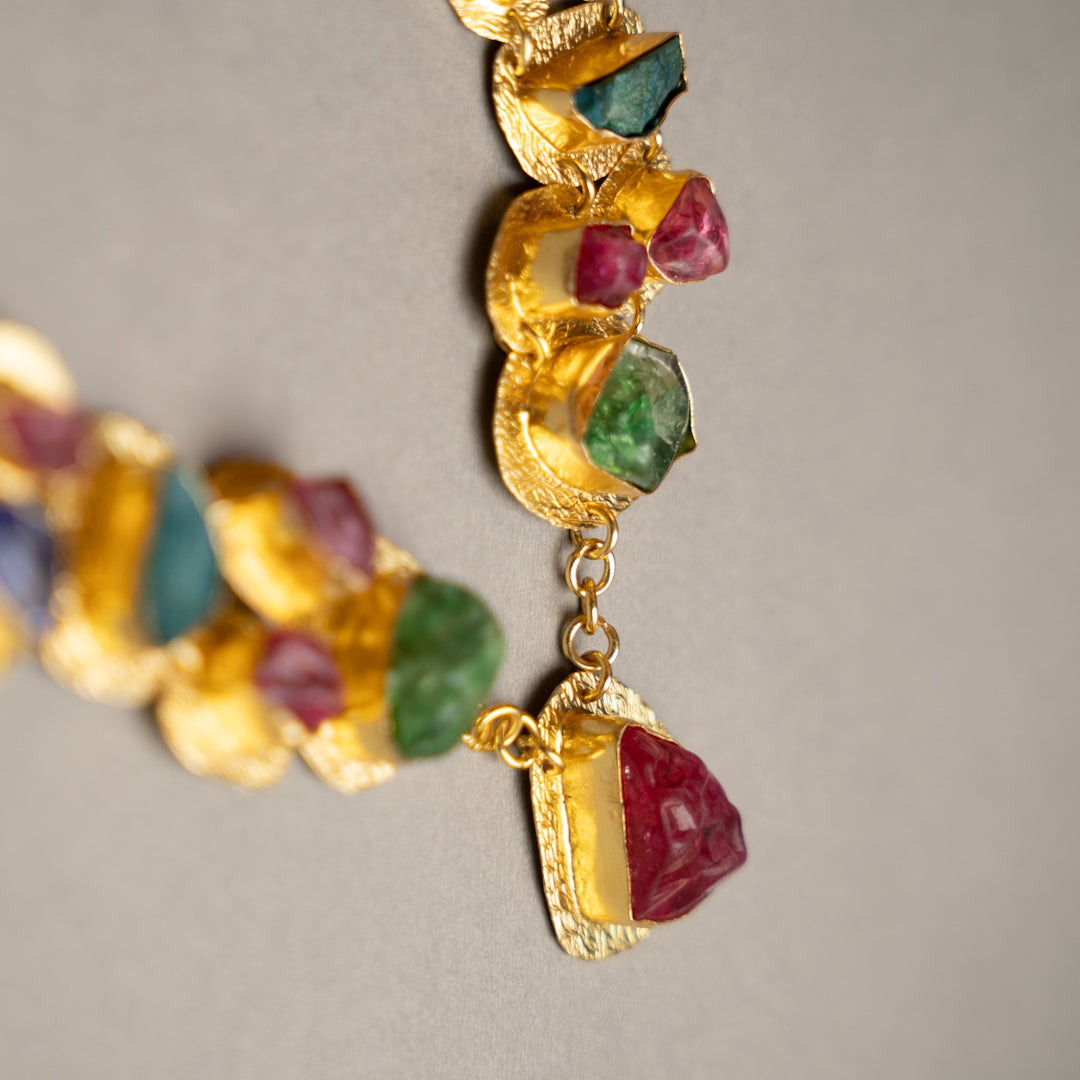 THAMIZHACHI BIJOUX EXCLUSIVE AND PREMIUM RAW STONES AND MOP HANDMADE GOLD TONED NECKPIECE/NECKLACE, BRACELET CUFF, RING WITH EARRING SET NL145