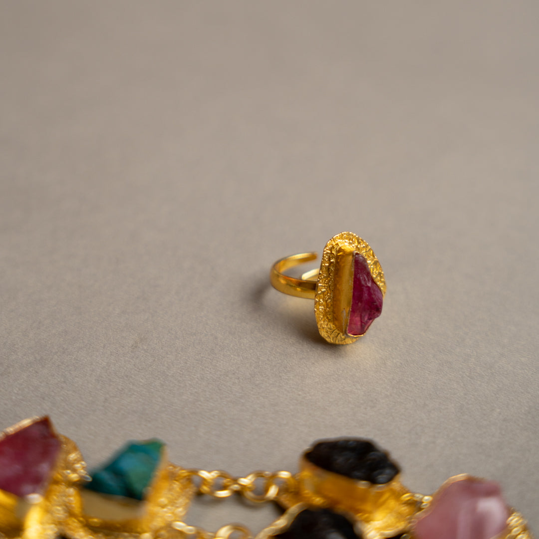 THAMIZHACHI BIJOUX EXCLUSIVE AND PREMIUM RAW STONES AND MOP HANDMADE GOLD TONED NECKPIECE/NECKLACE, BRACELET CUFF, RING WITH EARRING SET NL145