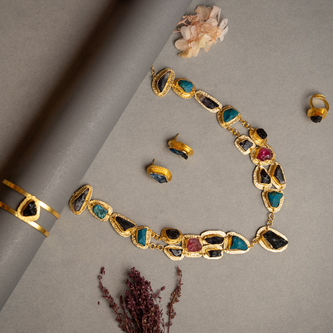 THAMIZHACHI BIJOUX EXCLUSIVE AND PREMIUM RAW STONES AND MOP HANDMADE GOLD TONED NECKPIECE/NECKLACE, BRACELET CUFF, RING WITH EARRING SET NL145