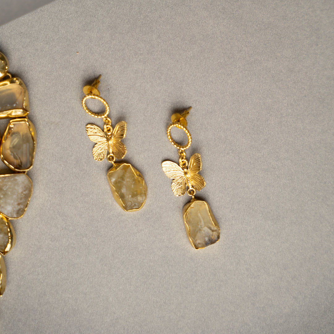 KASHVI PREMIUM 18K PLATED HANDMADE RAW STONE AND POLISHED STONE NECKPIECE/NECKLACE EARRINGS NL252.