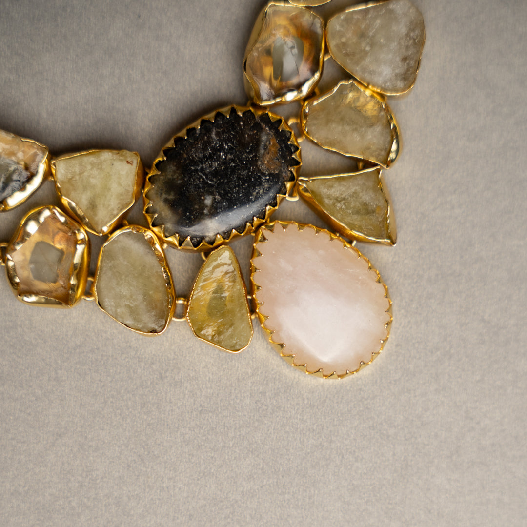 KASHVI PREMIUM 18K PLATED HANDMADE RAW STONE AND POLISHED STONE NECKPIECE/NECKLACE EARRINGS NL252.