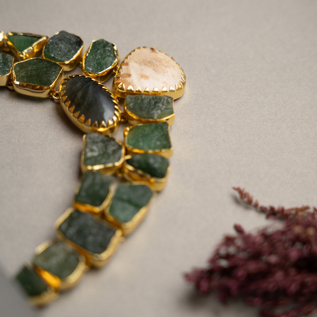 KASHVI PREMIUM 18K PLATED HANDMADE RAW STONE AND POLISHED STONE NECKPIECE/NECKLACE EARRINGS NL252.