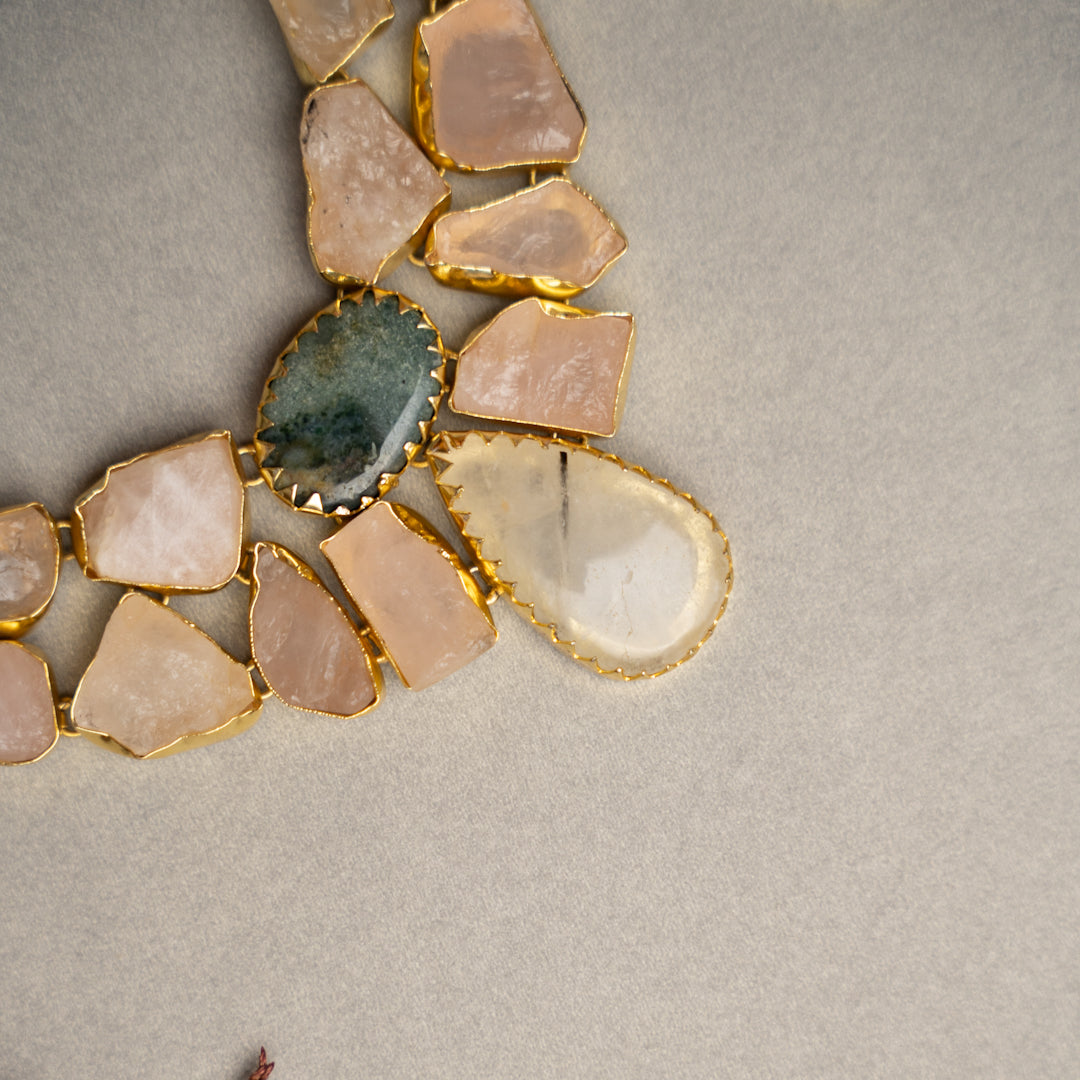 KASHVI PREMIUM 18K PLATED HANDMADE RAW STONE AND POLISHED STONE NECKPIECE/NECKLACE EARRINGS NL252.