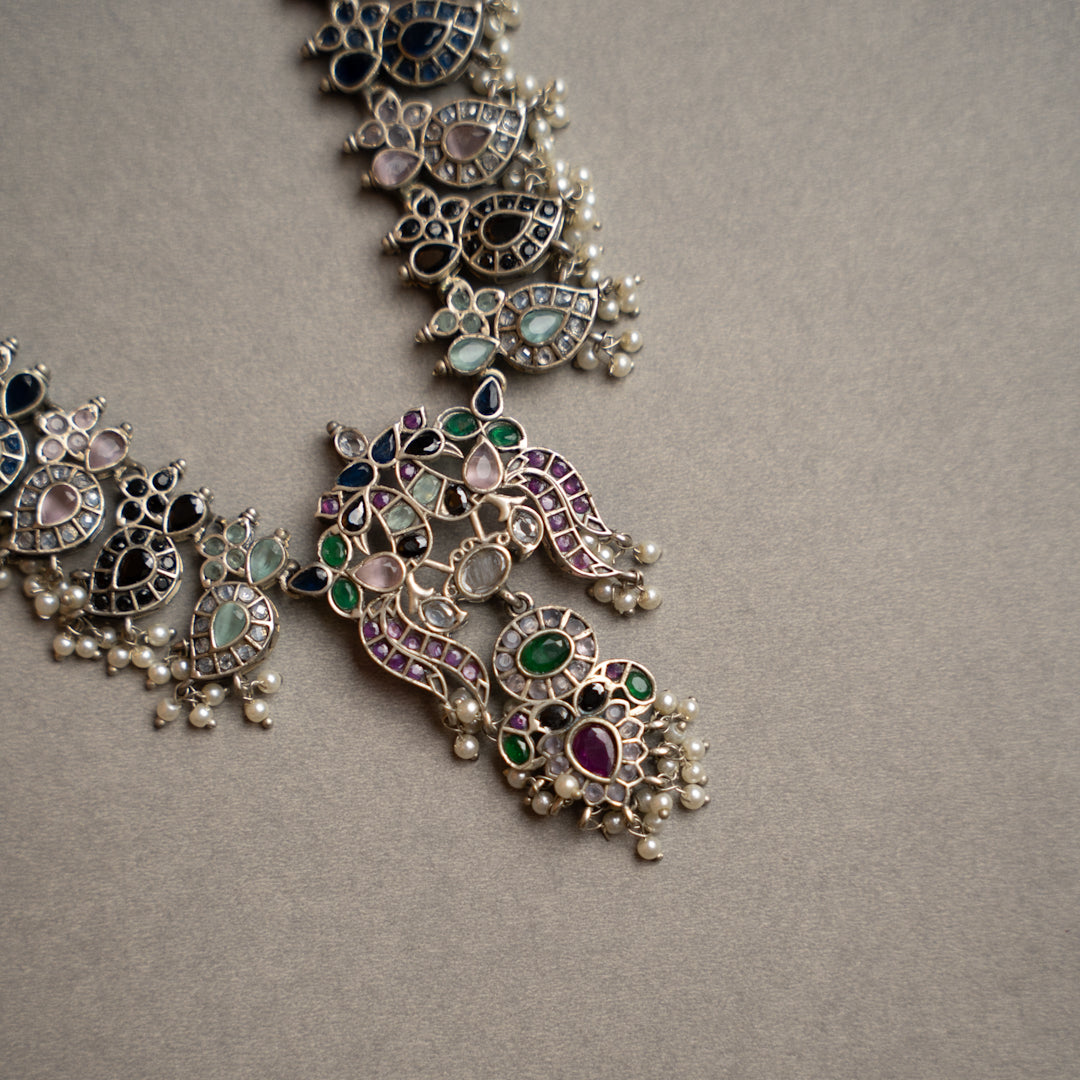 VARDHANA FAUX SILVER PREMIUM SEMI HANDMADE NECKLACE WITH EARRINGS NL127