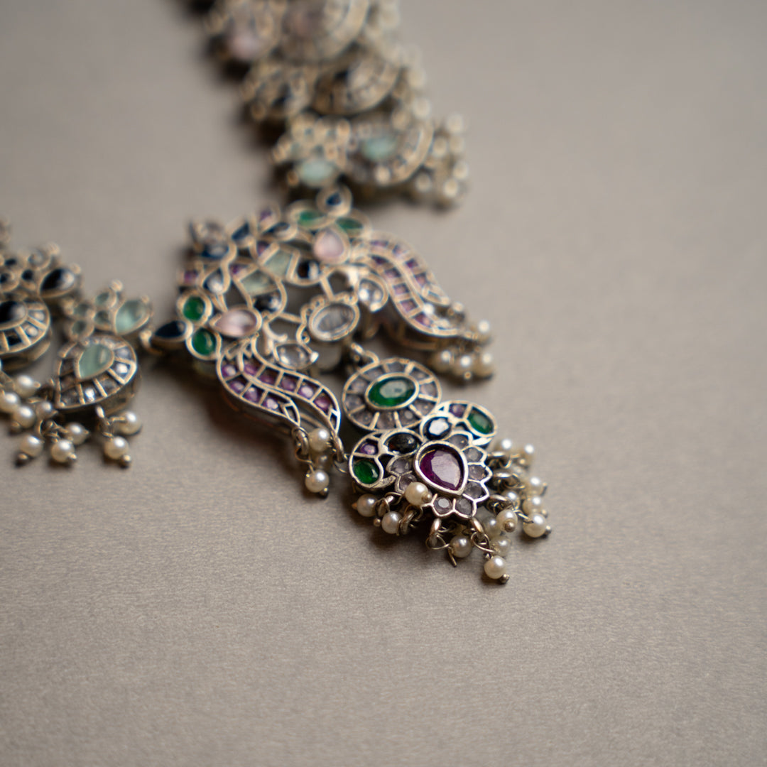 VARDHANA FAUX SILVER PREMIUM SEMI HANDMADE NECKLACE WITH EARRINGS NL127