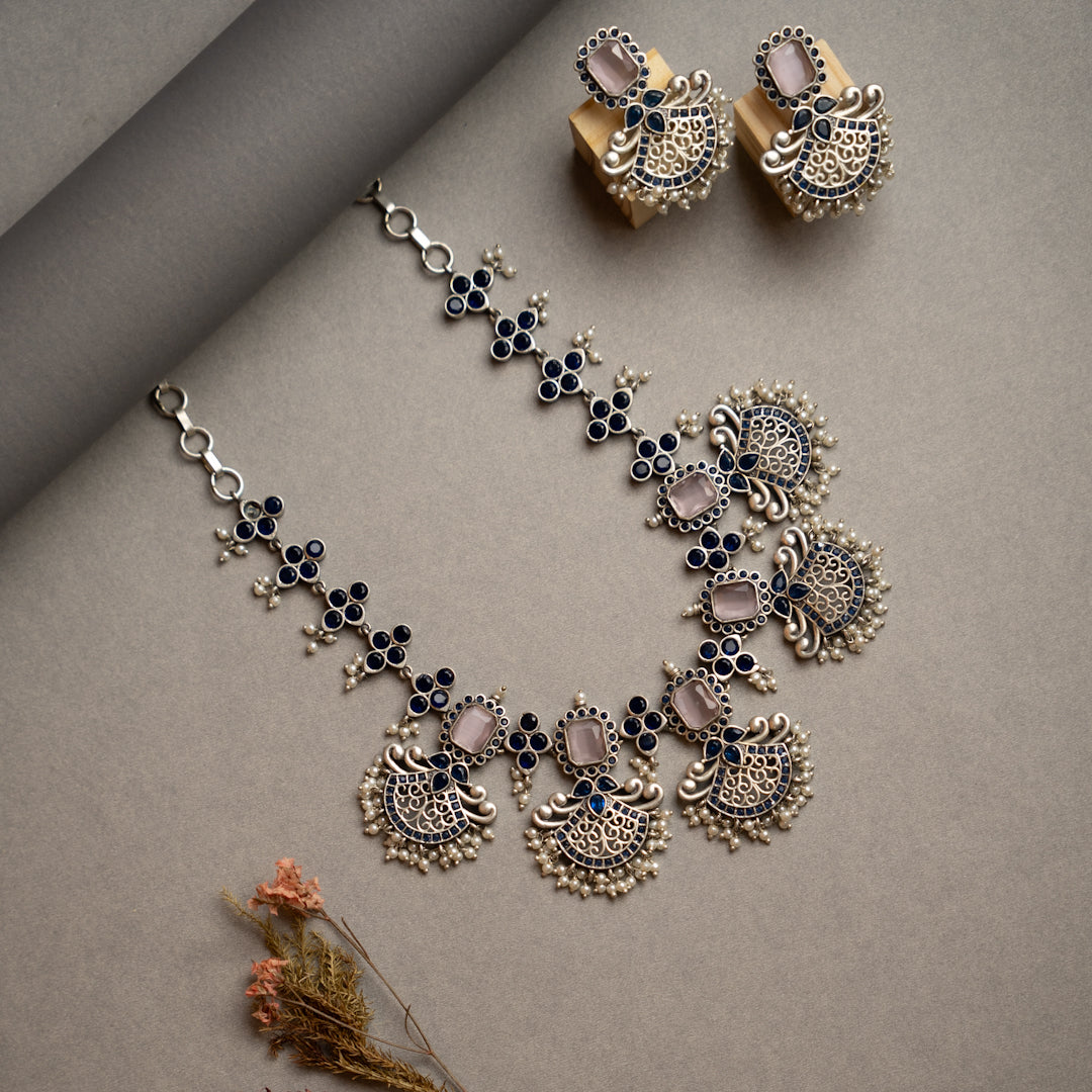 NIMISHA FAUX SILVER PREMIUM SEMI HANDMADE NECKLACE WITH EARRINGS NL126