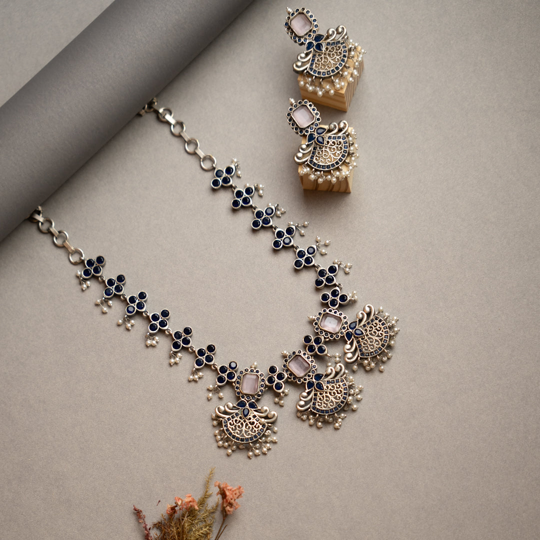 NIMISHA FAUX SILVER PREMIUM SEMI HANDMADE NECKLACE WITH EARRINGS NL126