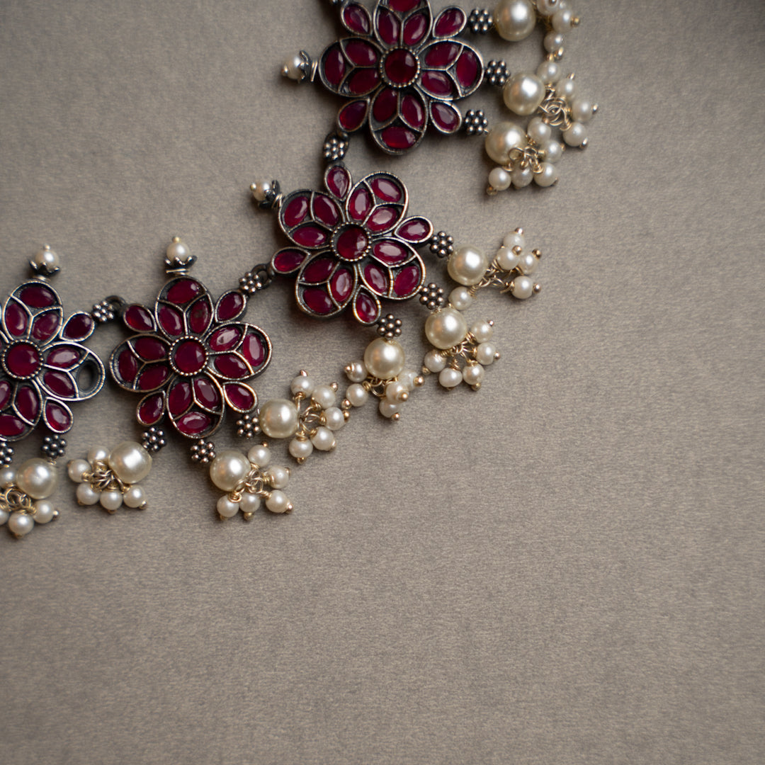 ATHENA BIJOUX PREMIUM SEMI HANDMADE ANTIQUE FAUX SILVER NECKPIECE/NECKLACE EARRINGS NL217