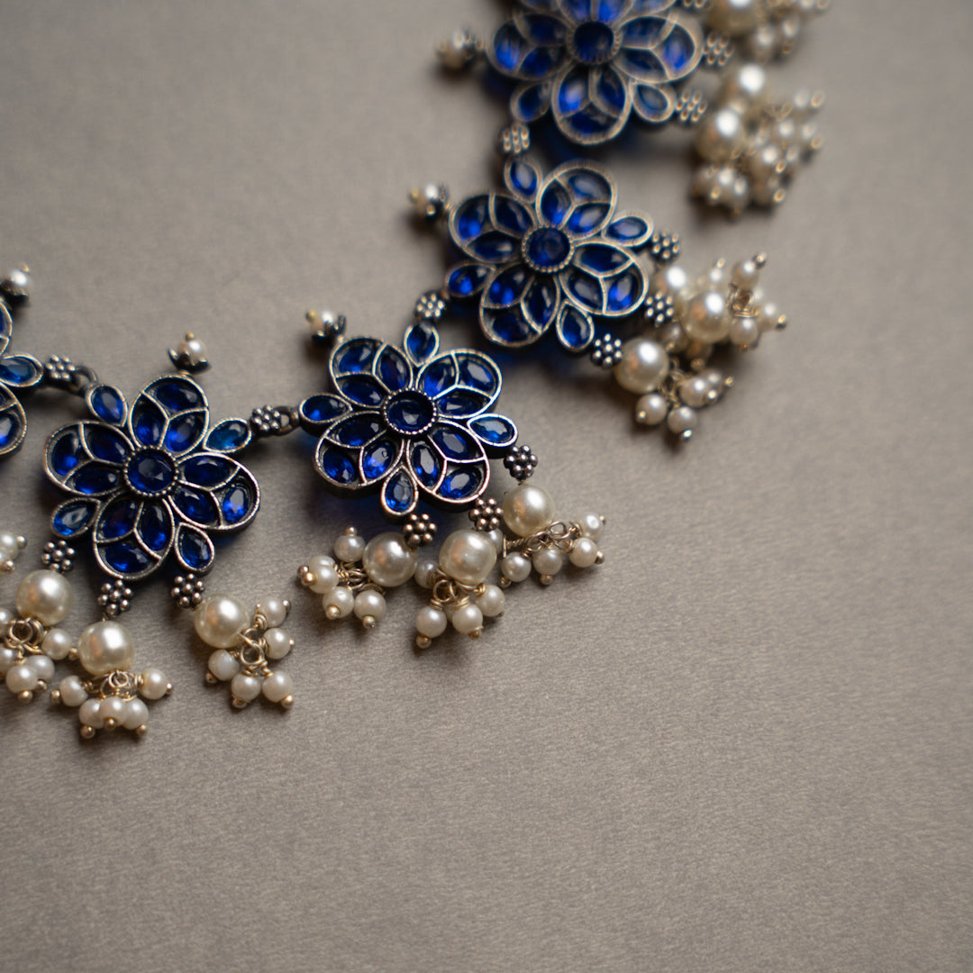 ATHENA BIJOUX PREMIUM SEMI HANDMADE ANTIQUE FAUX SILVER NECKPIECE/NECKLACE EARRINGS NL217