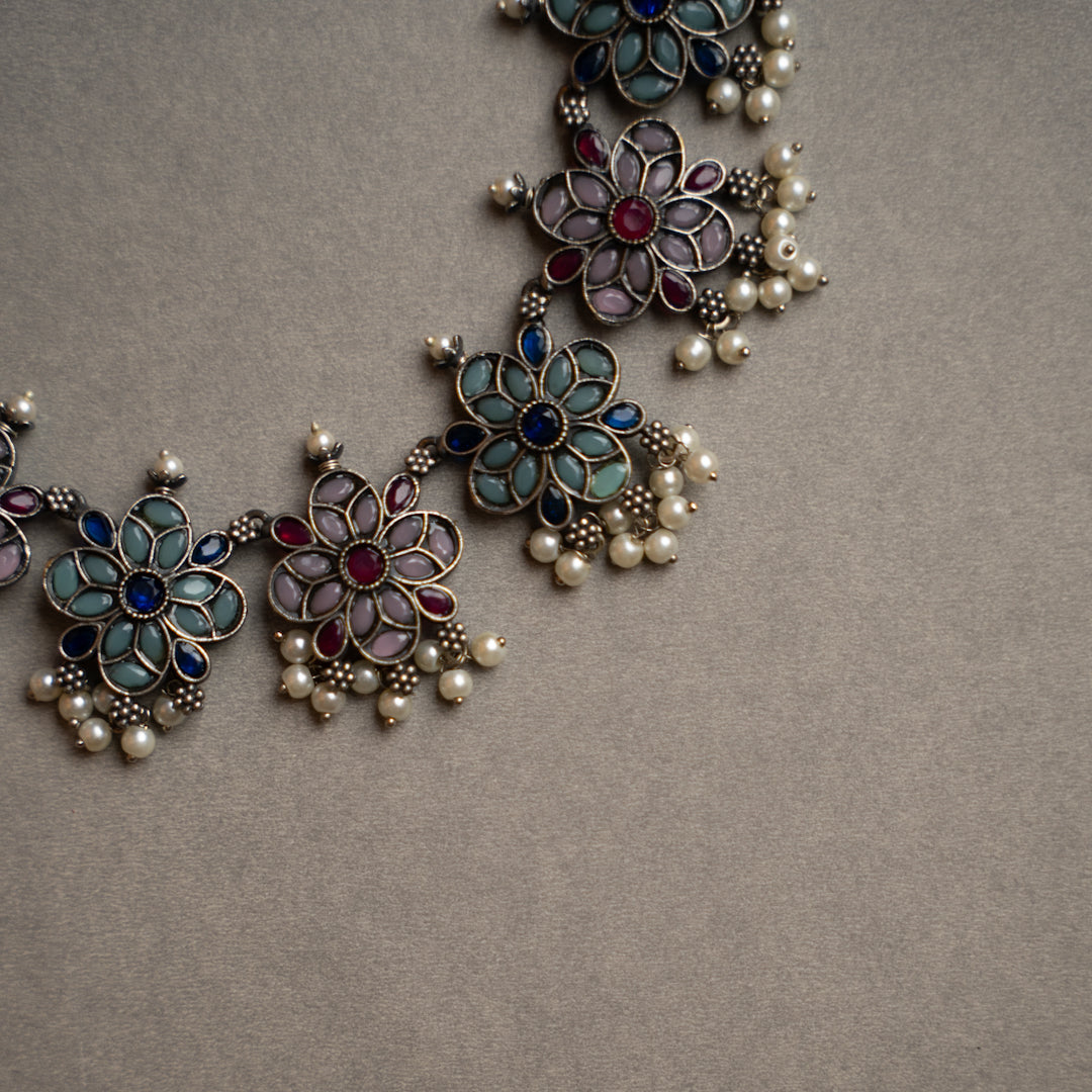 ATHENA BIJOUX PREMIUM SEMI HANDMADE ANTIQUE FAUX SILVER NECKPIECE/NECKLACE EARRINGS NL217