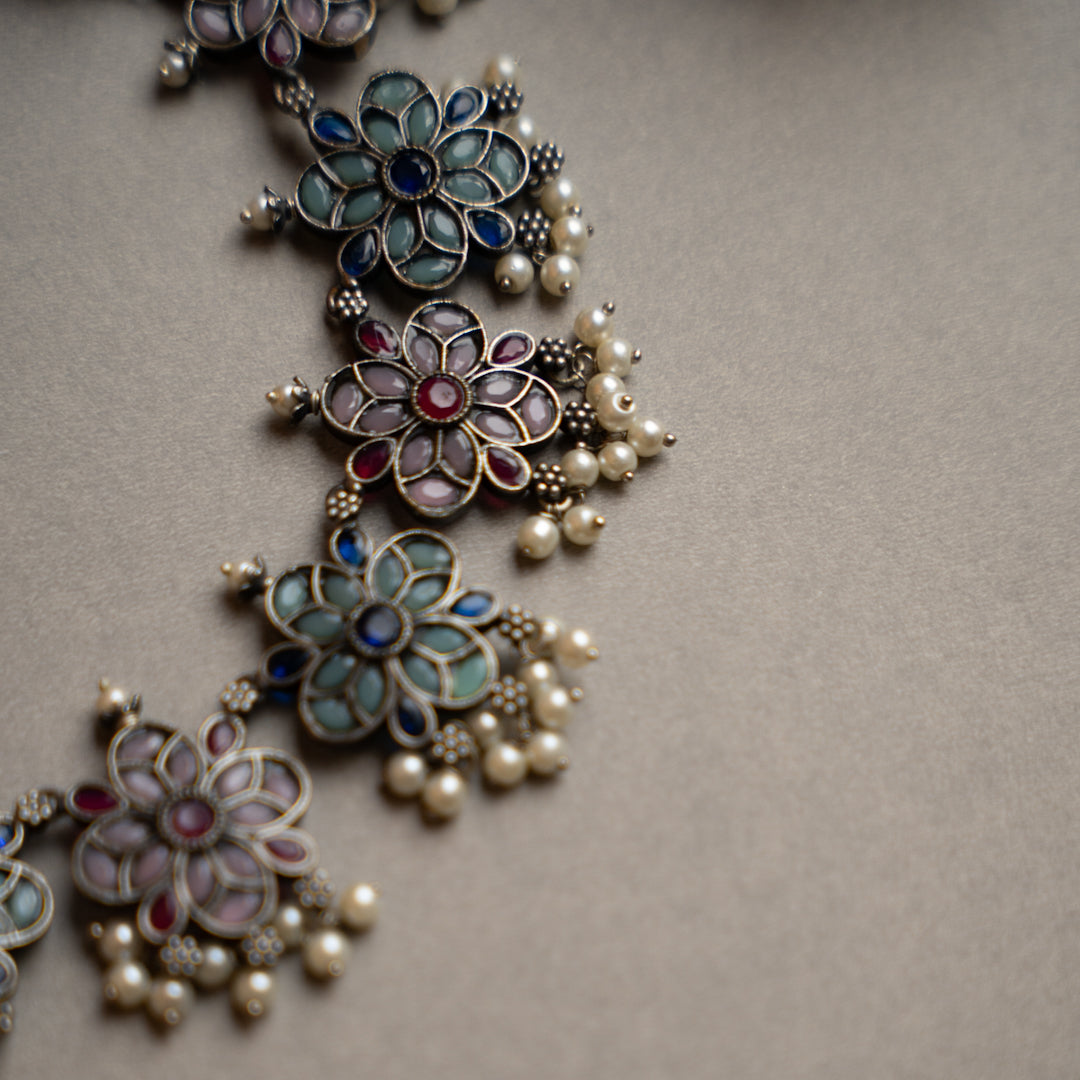 ATHENA BIJOUX PREMIUM SEMI HANDMADE ANTIQUE FAUX SILVER NECKPIECE/NECKLACE EARRINGS NL217