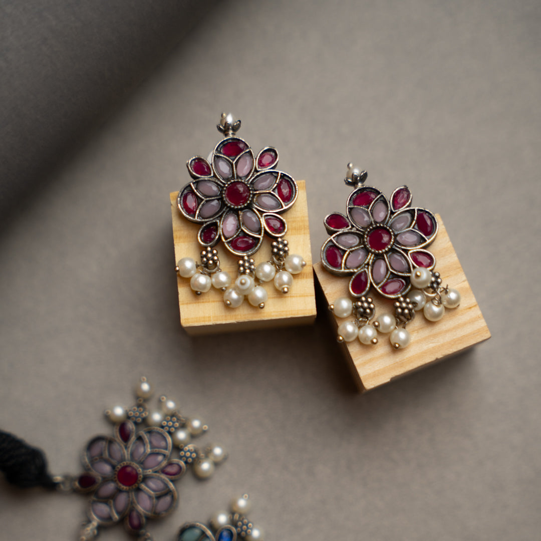 ATHENA BIJOUX PREMIUM SEMI HANDMADE ANTIQUE FAUX SILVER NECKPIECE/NECKLACE EARRINGS NL217