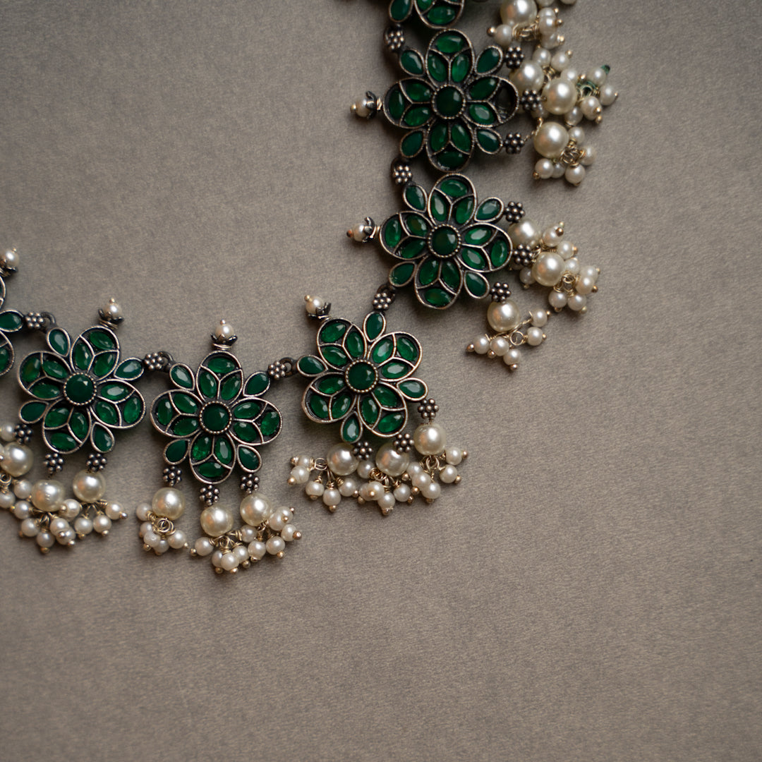 ATHENA BIJOUX PREMIUM SEMI HANDMADE ANTIQUE FAUX SILVER NECKPIECE/NECKLACE EARRINGS NL217