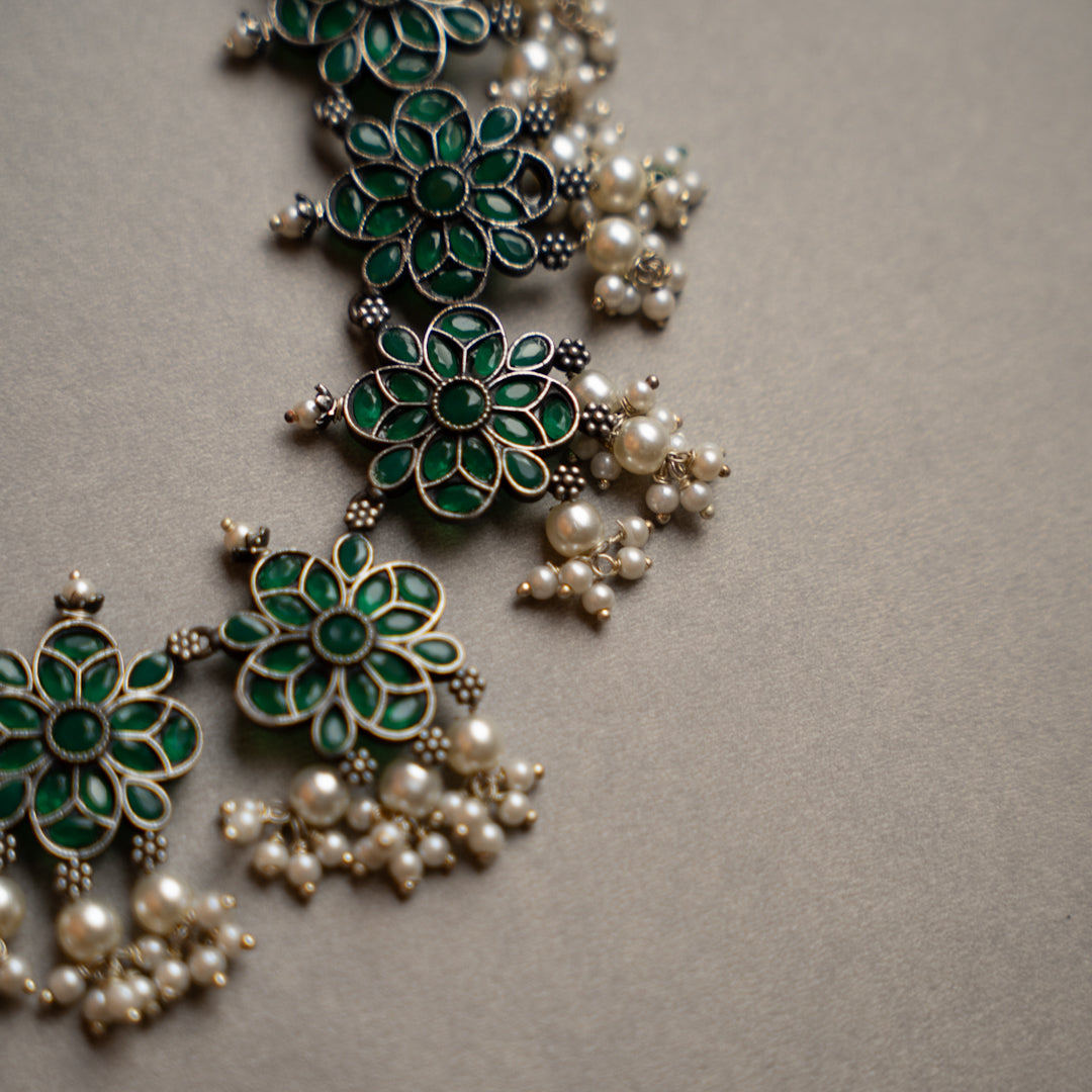 ATHENA BIJOUX PREMIUM SEMI HANDMADE ANTIQUE FAUX SILVER NECKPIECE/NECKLACE EARRINGS NL217