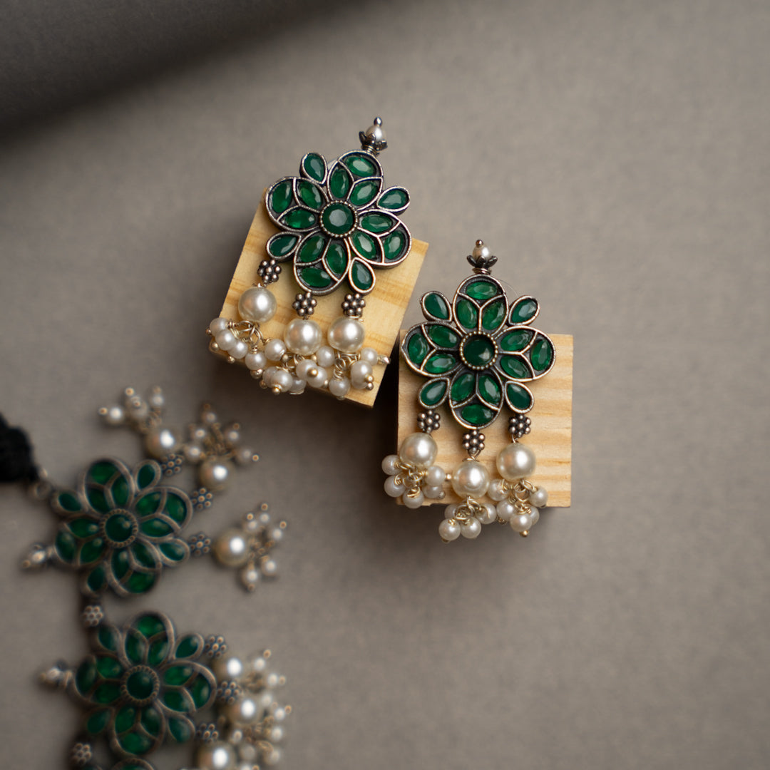 ATHENA BIJOUX PREMIUM SEMI HANDMADE ANTIQUE FAUX SILVER NECKPIECE/NECKLACE EARRINGS NL217