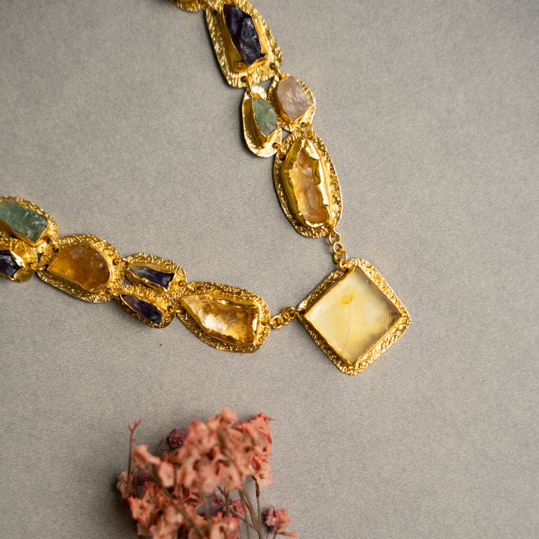 PETITE THAMIZHACHI BIJOUX EXCLUSIVE AND PREMIUM RAW STONES AND MOP HANDMADE GOLD TONED NECKPIECE/NECKLACE, BRACELET CUFF, RING WITH EARRING SET NL146