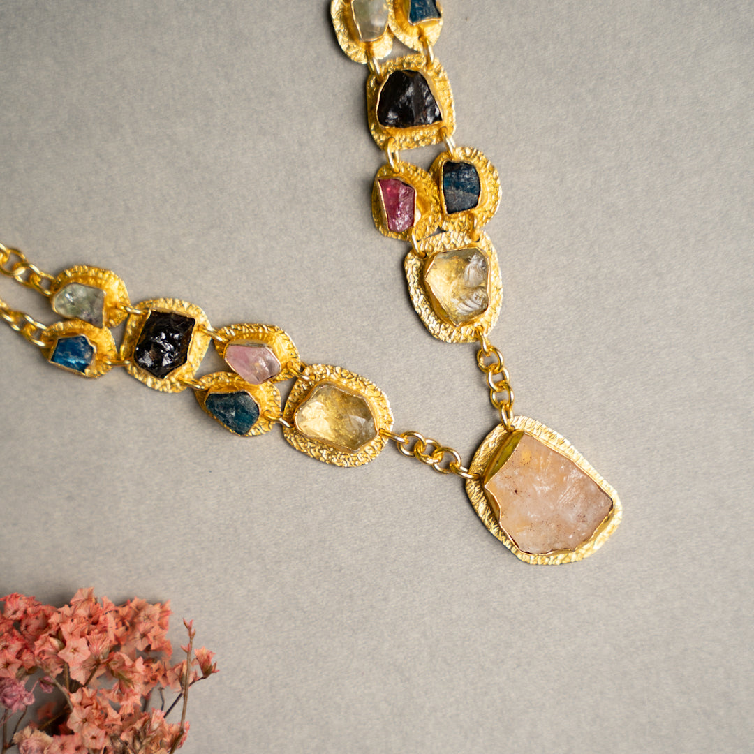 PETITE THAMIZHACHI BIJOUX EXCLUSIVE AND PREMIUM RAW STONES AND MOP HANDMADE GOLD TONED NECKPIECE/NECKLACE, BRACELET CUFF, RING WITH EARRING SET NL146