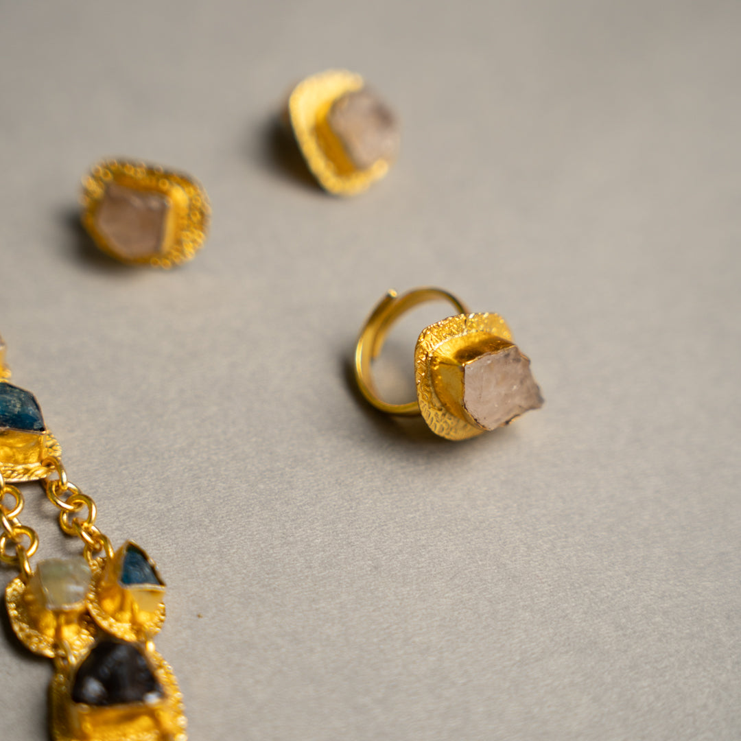 PETITE THAMIZHACHI BIJOUX EXCLUSIVE AND PREMIUM RAW STONES AND MOP HANDMADE GOLD TONED NECKPIECE/NECKLACE, BRACELET CUFF, RING WITH EARRING SET NL146