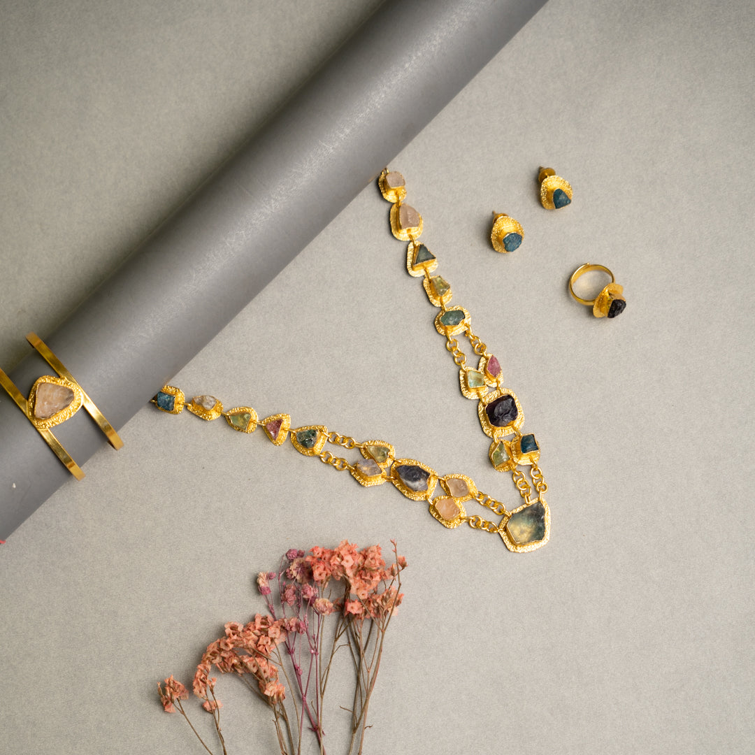 PETITE THAMIZHACHI BIJOUX EXCLUSIVE AND PREMIUM RAW STONES AND MOP HANDMADE GOLD TONED NECKPIECE/NECKLACE, BRACELET CUFF, RING WITH EARRING SET NL146