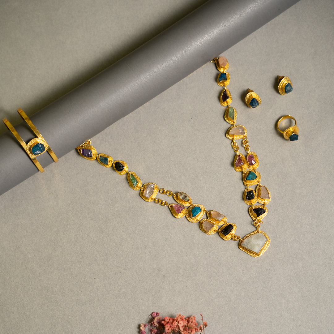 PETITE THAMIZHACHI BIJOUX EXCLUSIVE AND PREMIUM RAW STONES AND MOP HANDMADE GOLD TONED NECKPIECE/NECKLACE, BRACELET CUFF, RING WITH EARRING SET NL146