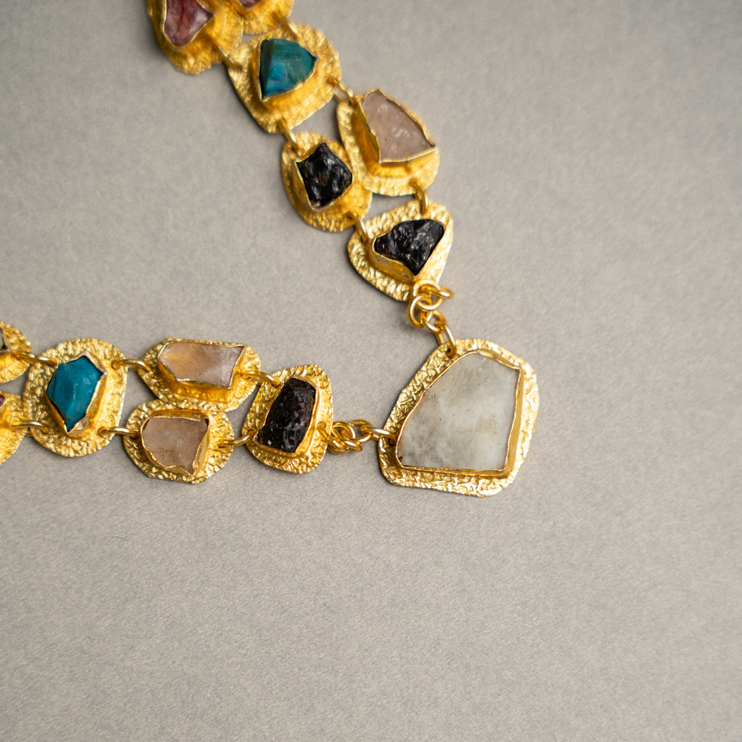 PETITE THAMIZHACHI BIJOUX EXCLUSIVE AND PREMIUM RAW STONES AND MOP HANDMADE GOLD TONED NECKPIECE/NECKLACE, BRACELET CUFF, RING WITH EARRING SET NL146