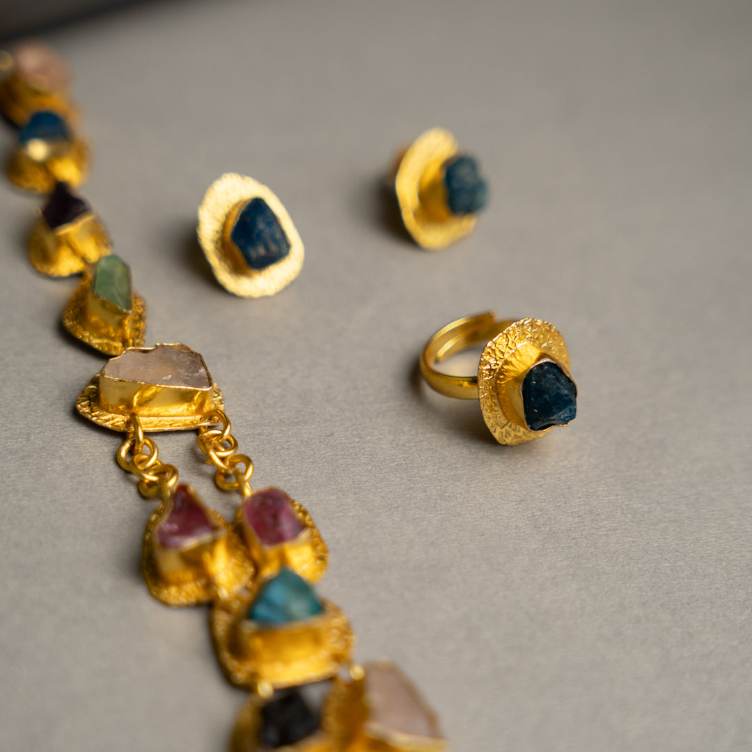 PETITE THAMIZHACHI BIJOUX EXCLUSIVE AND PREMIUM RAW STONES AND MOP HANDMADE GOLD TONED NECKPIECE/NECKLACE, BRACELET CUFF, RING WITH EARRING SET NL146