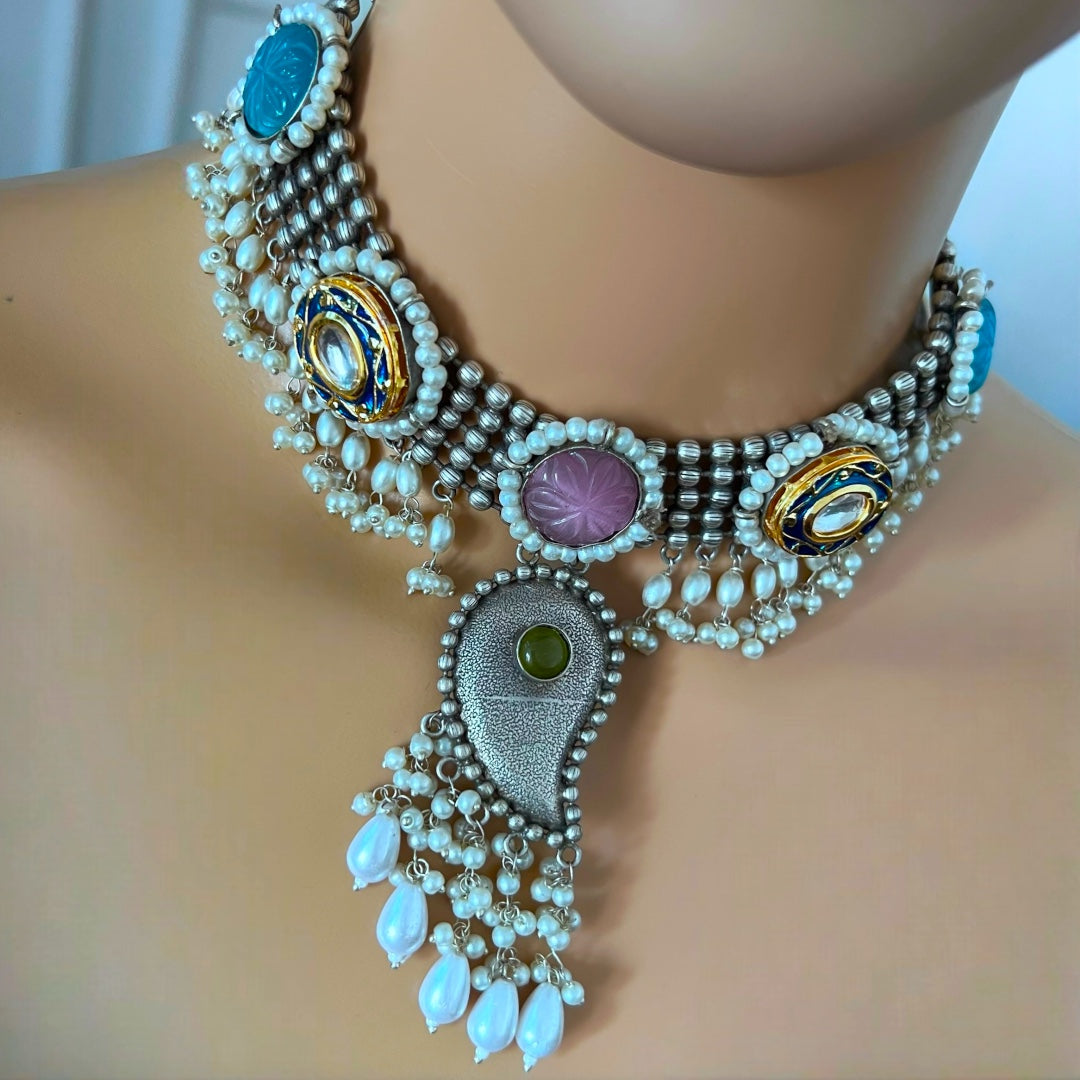 RELATA SILVER LOOK ALIKE SEMI HANDMADE RUSTIC CHOKER WITH EARRINGS CH311