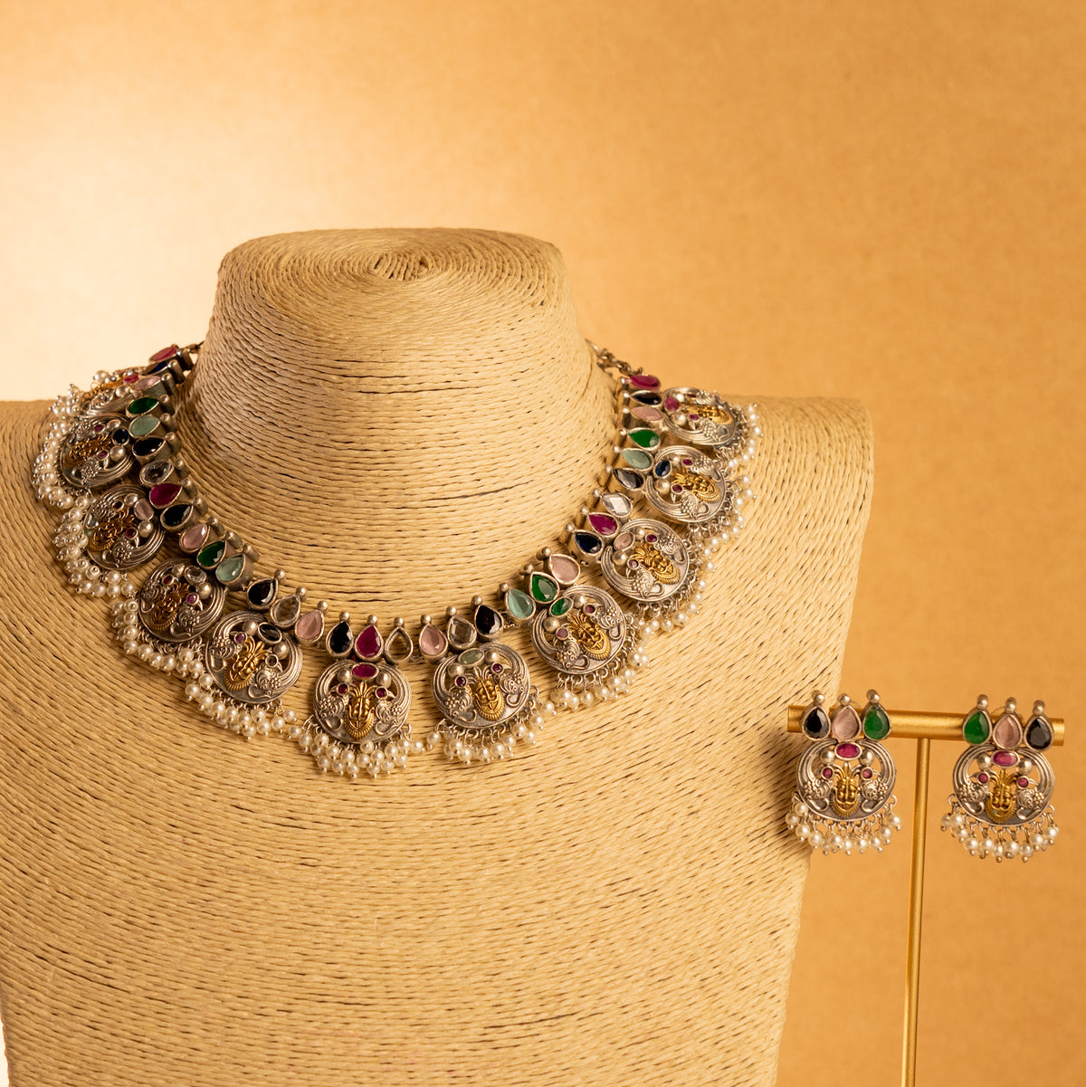 VIKIRA FAUX SILVER PREMIUM SEMI HANDMADE NECKLACE WITH EARRINGS NL128