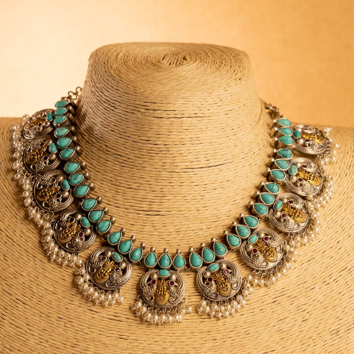 VIKIRA FAUX SILVER PREMIUM SEMI HANDMADE NECKLACE WITH EARRINGS NL128