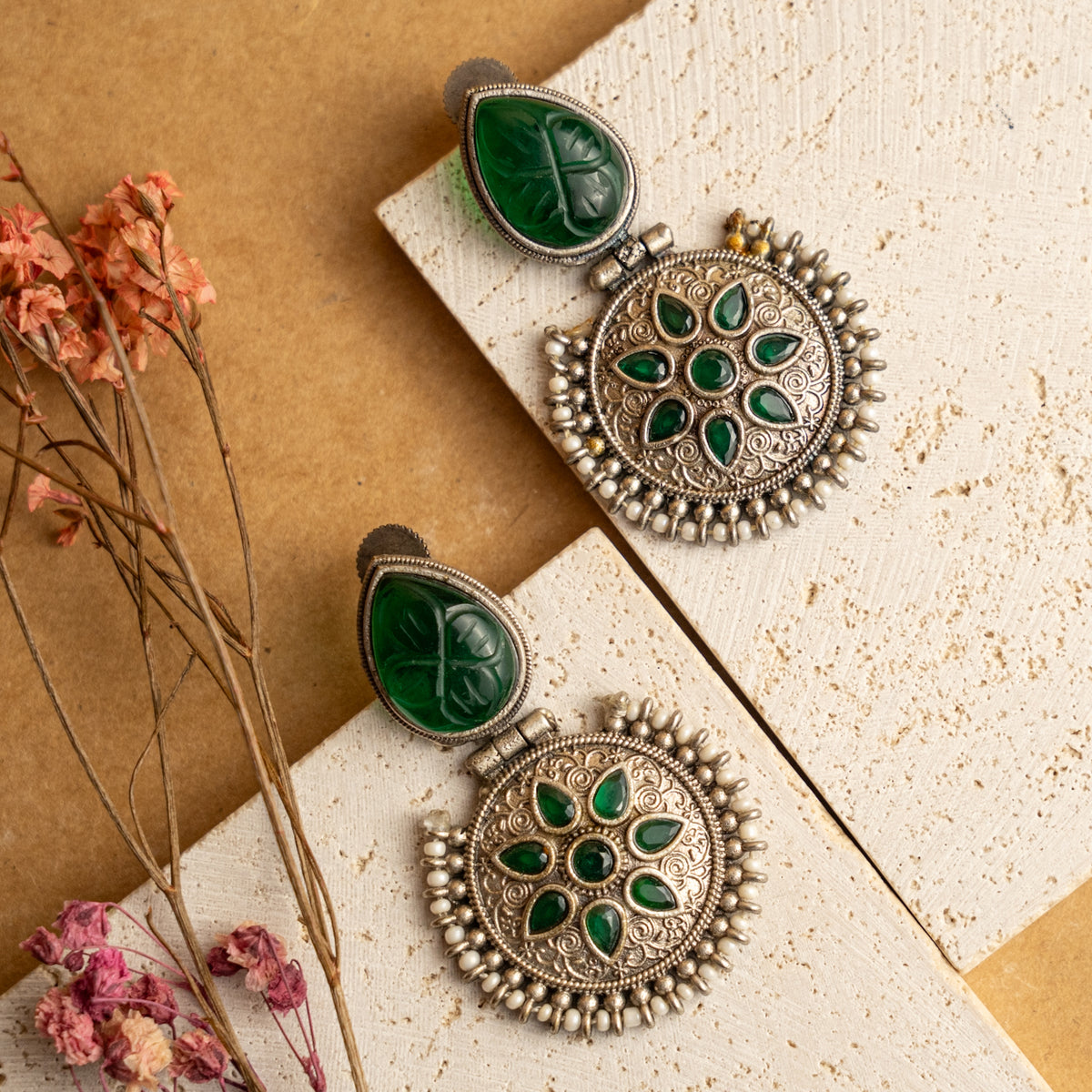 HAZAL FAUX SILVER RAW AND RUSTIC CARVING STONE SEMI HANDMADE EARRINGS ER707